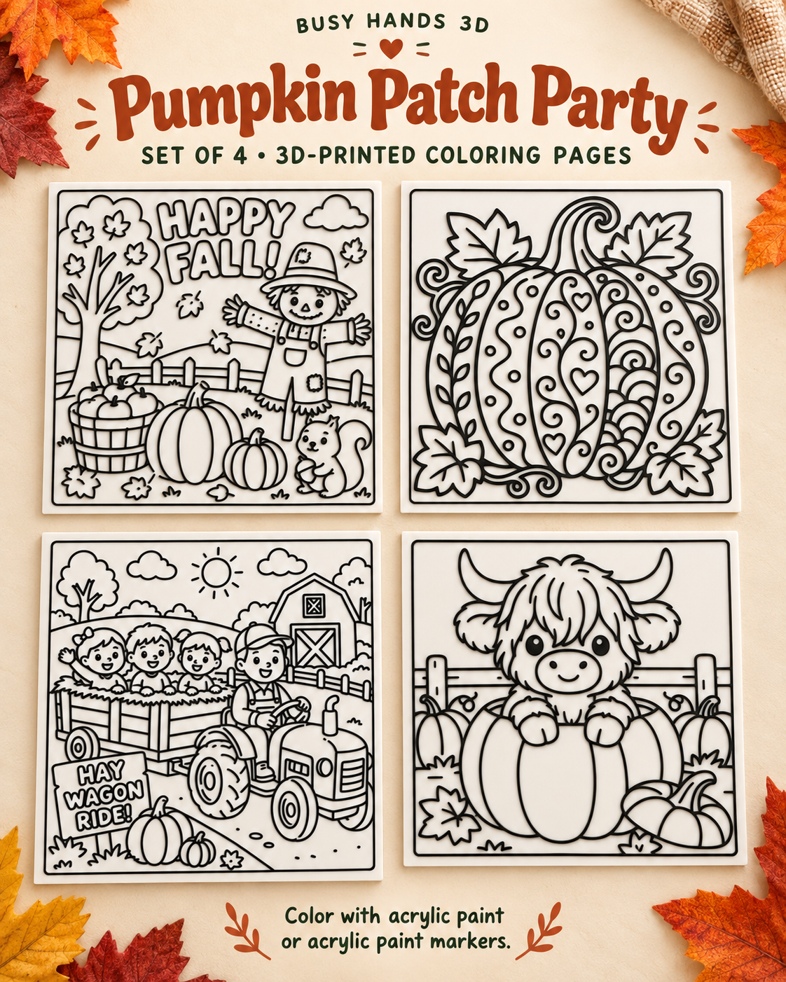 Pumpkin Patch Party 3D printed coloring pages set of 4 with paint and brushes